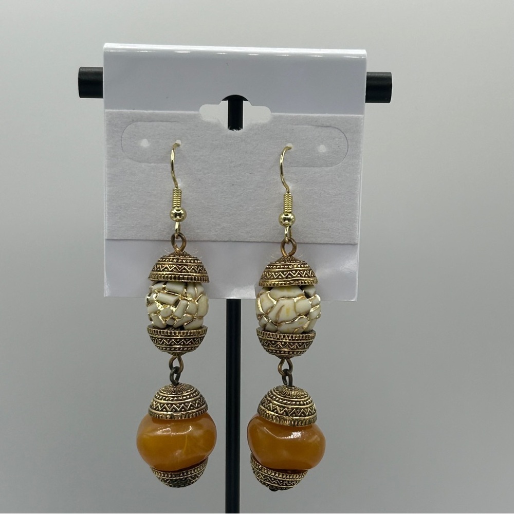 Bohemian Gold and Cream Beaded Earrings